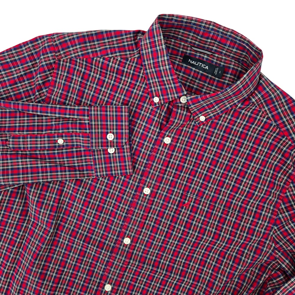 Nautica Size L Plaid Button‎ Down Shirt Mens Preppy Classic Red Navy
